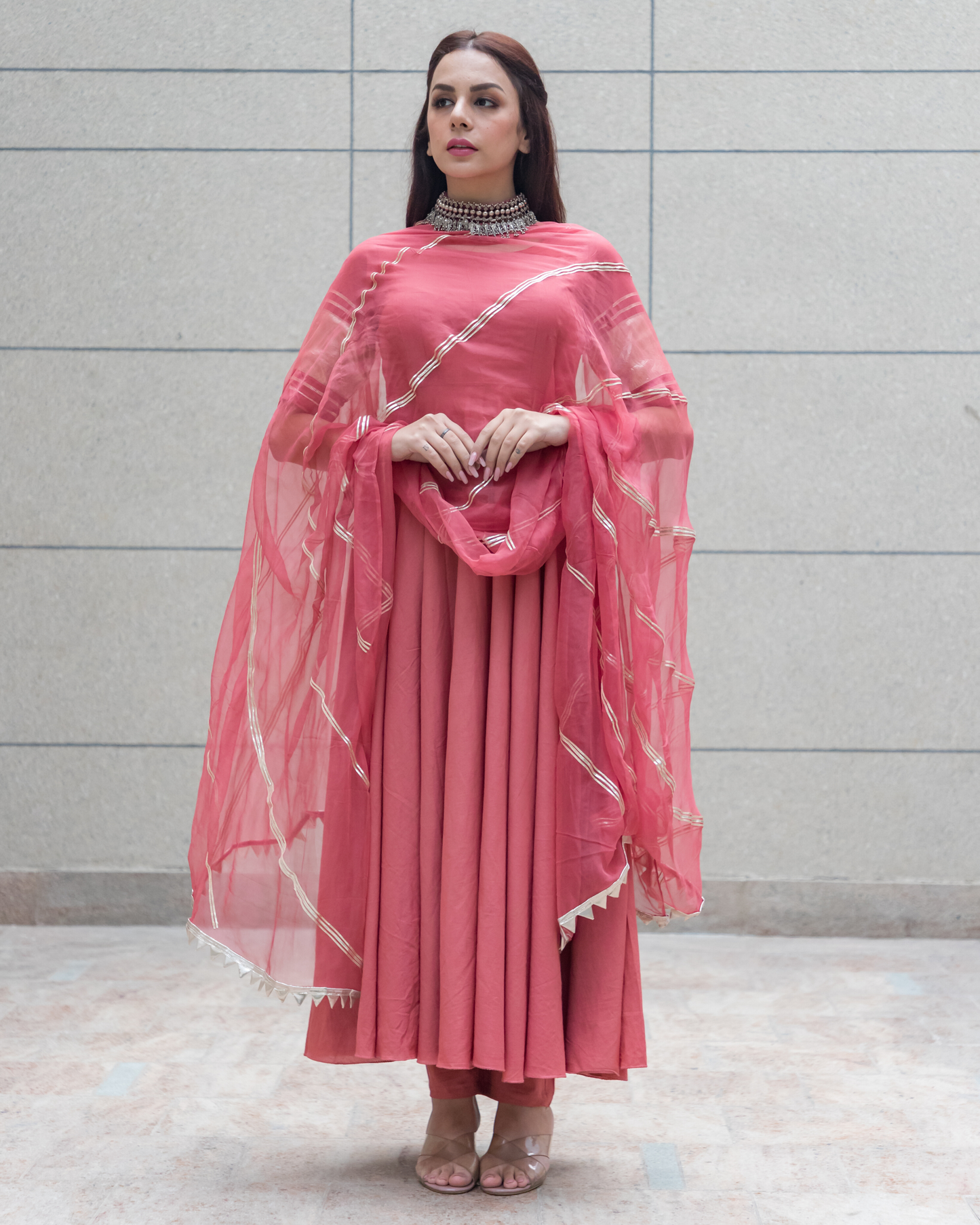 Women's Peach Gotapatti Cotton Suit Set