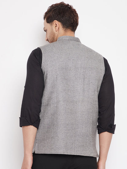 Men's Grey Color Woven Nehru Jacket