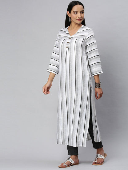 Women's KSUT White And Black Stripe Woven Kurta With 3/4Th Sleeves