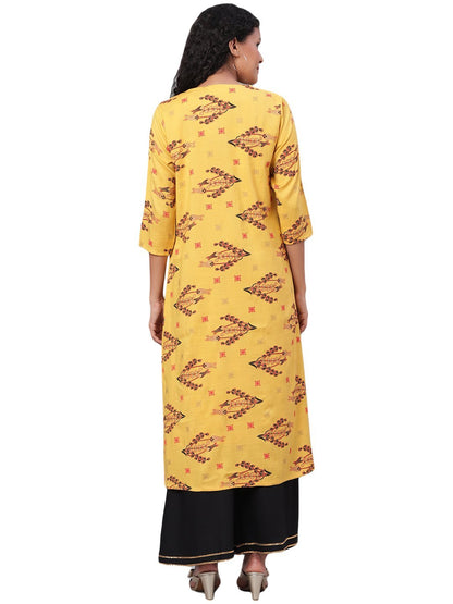 Women's Yellow Printed 3/4 Sleeve Cotton Round Neck Casual Kurta & Shrug Set