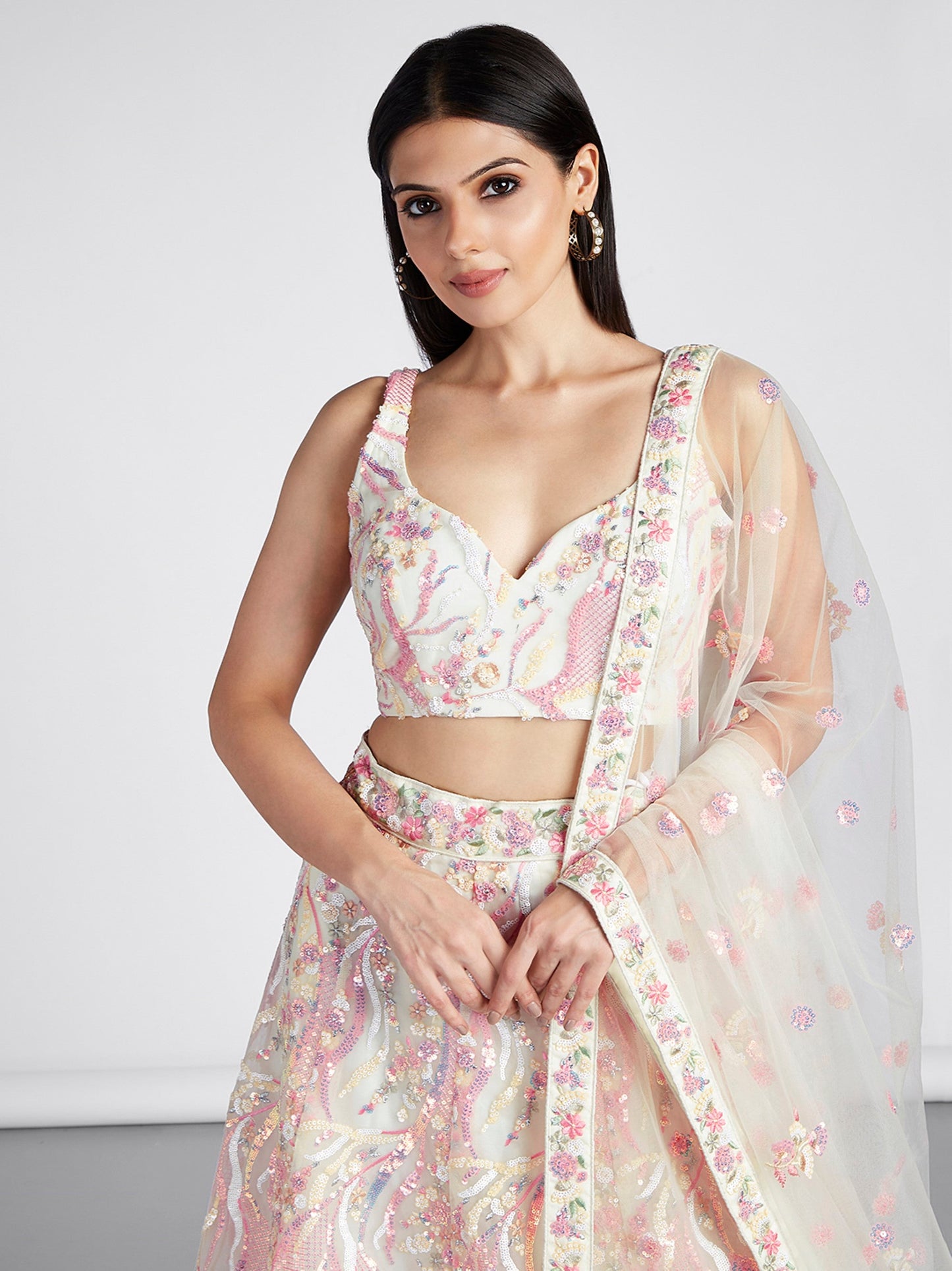 Women's Cream Net Sequins And Thread Embroidery Lehenga Choli & Dupatta