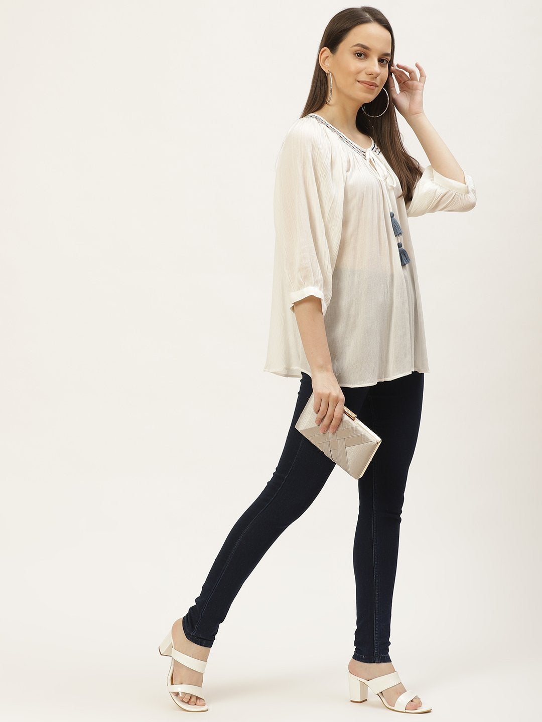 Women's White Rayon Crepe Embroided Top (1pc)
