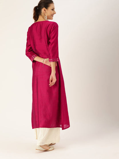 Women's Magenta & Silver-Toned Embellished A-Line Kurta