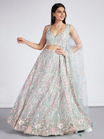 Women's Lime Green Net Sequins And Thread Embroidery Lehenga Choli & Dupatta