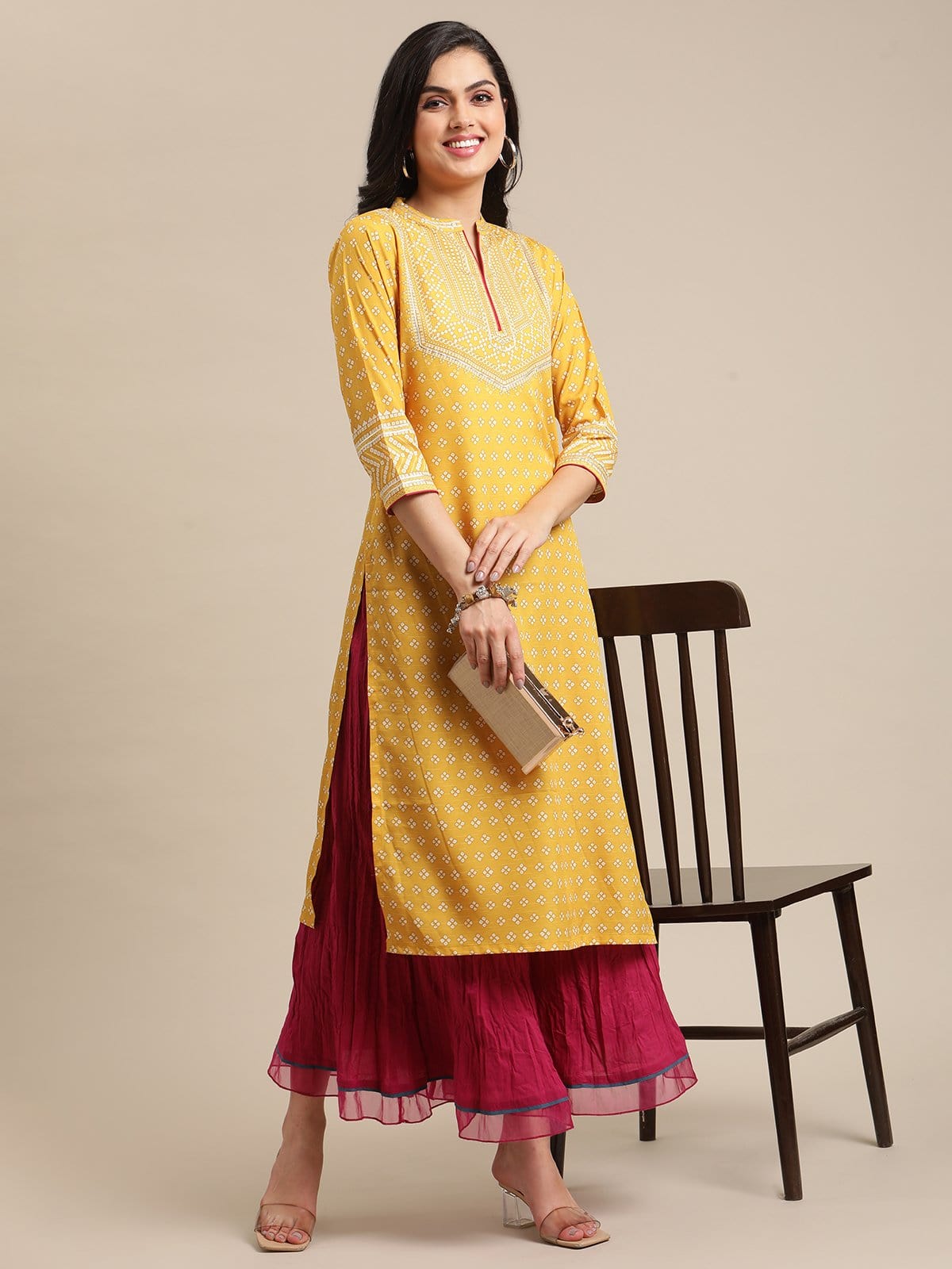 Women's Mustard Bandhej Printed Kurta With Pink Cord Pipen Detailing