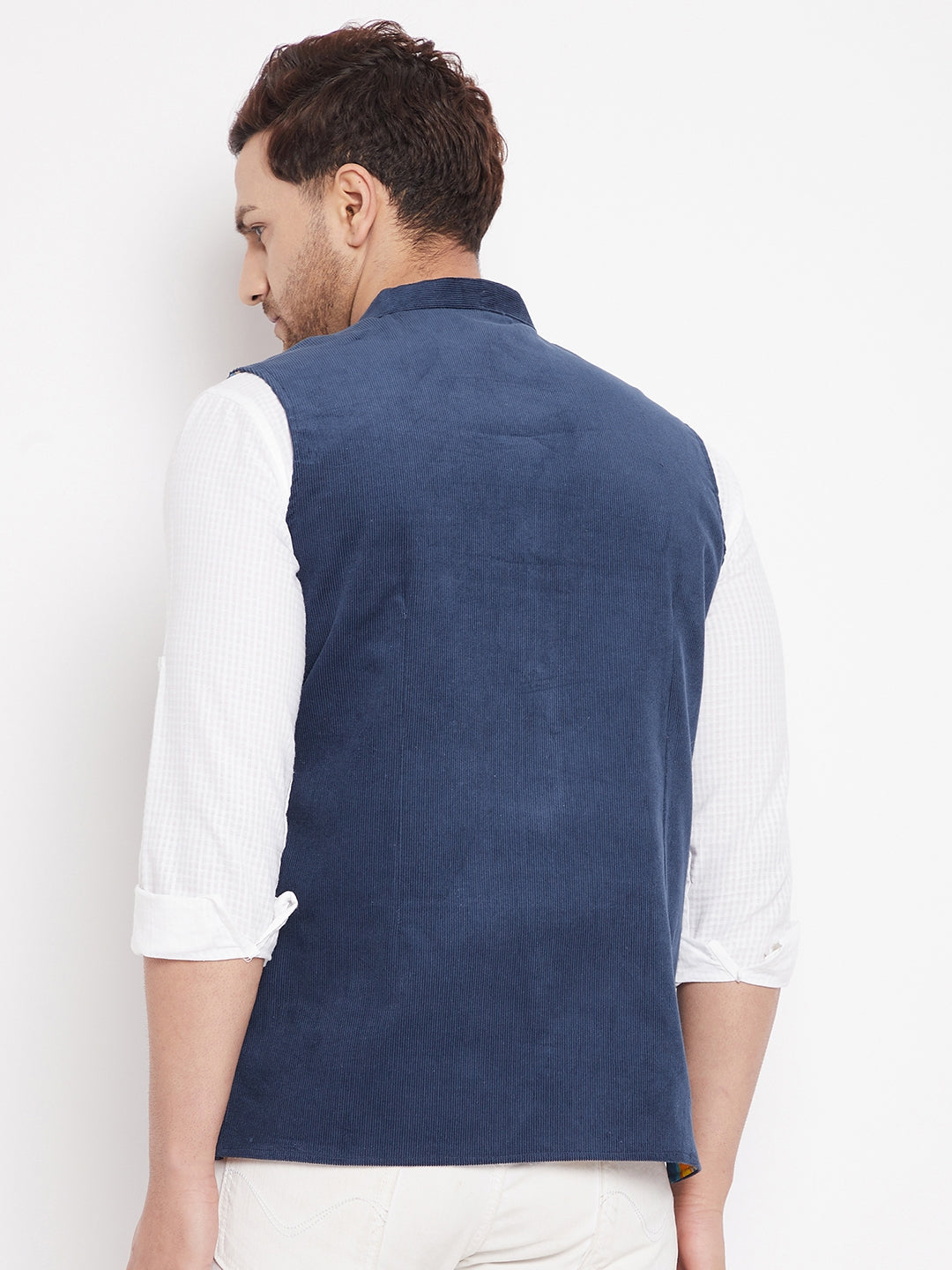 Men's Blue Color Nehru Jacket-Contrast Lining-Inbuilt Pocket Square