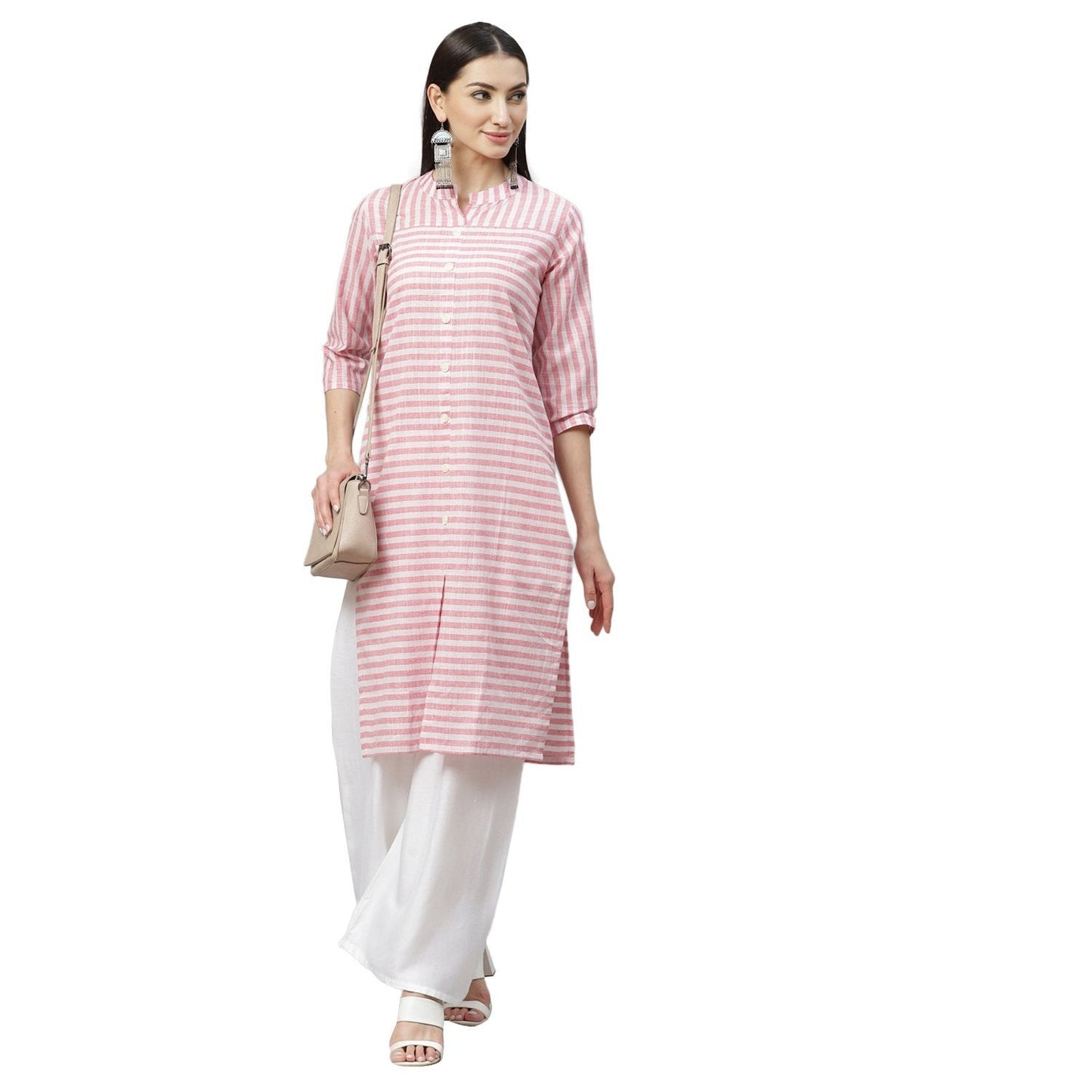 Women's Pink Cotton Check 3/4 Sleeve Mandrin Neck Casual Kurta Only
