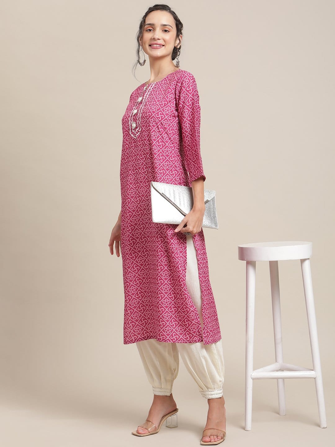 Women's KSUT Wine And White Gota Embelllished Yoke With 3/4Th Sleeves