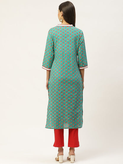 Women's Green & Red Ethnic Motifs Hand Printed Cotton Kurta with Trousers