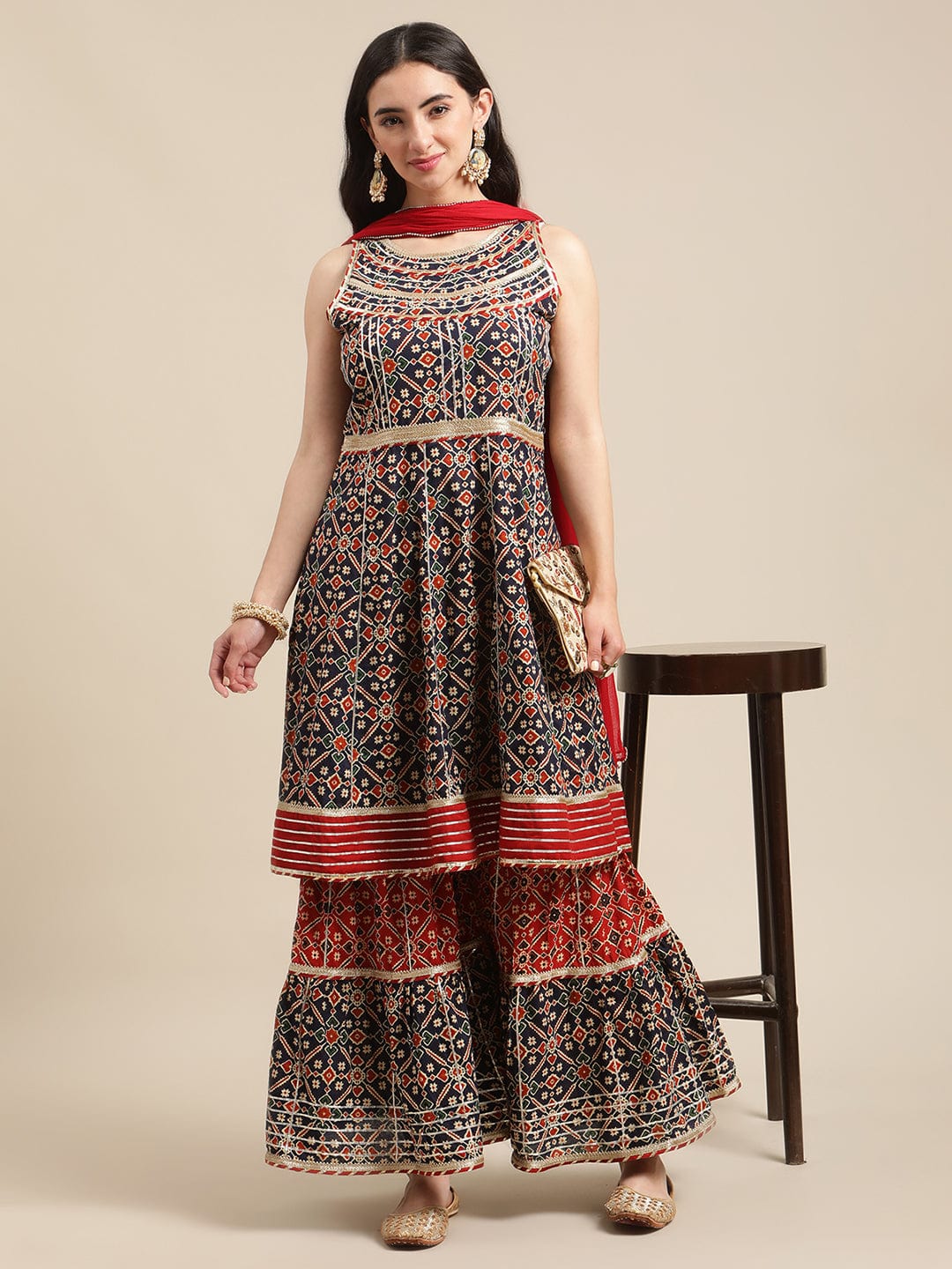 Women's Blue And Maroon Patola Printed Panelled Kurta Sharara Set With Chiffon Dupatta