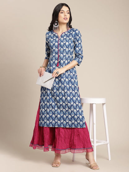 Women's Indigo Floral Printed Kurta With Handwork On Placket And Yoke