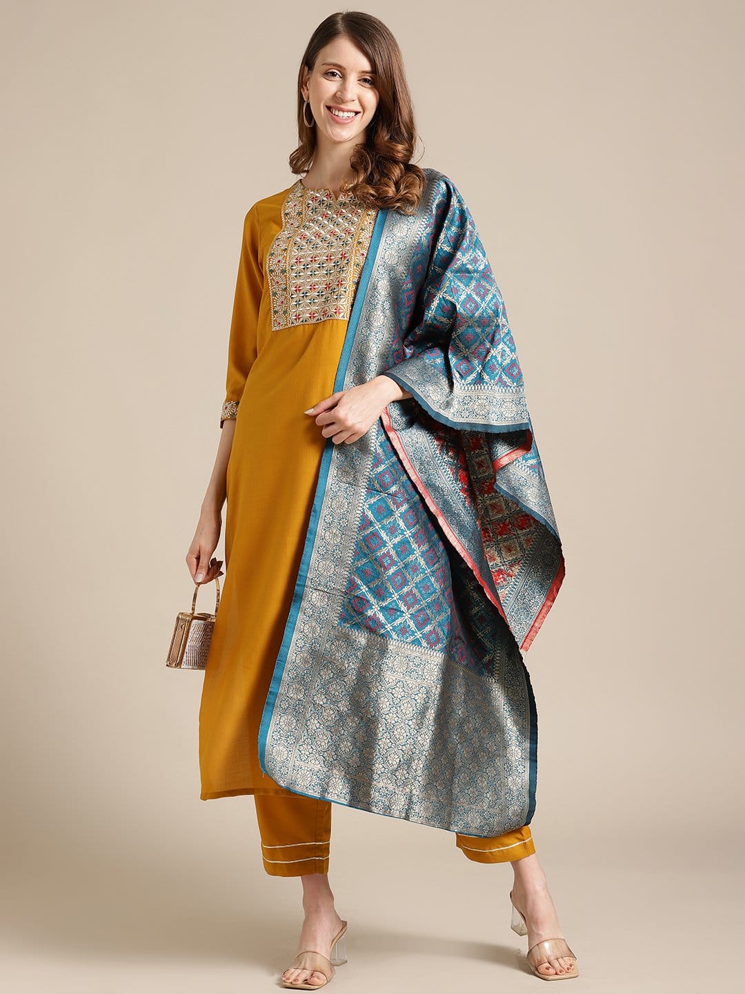 Women's Mustard Kurta With Mutli Color Woven Yoke And Banarasi Dupatta