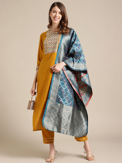 Women's Mustard Kurta With Mutli Color Woven Yoke And Banarasi Dupatta