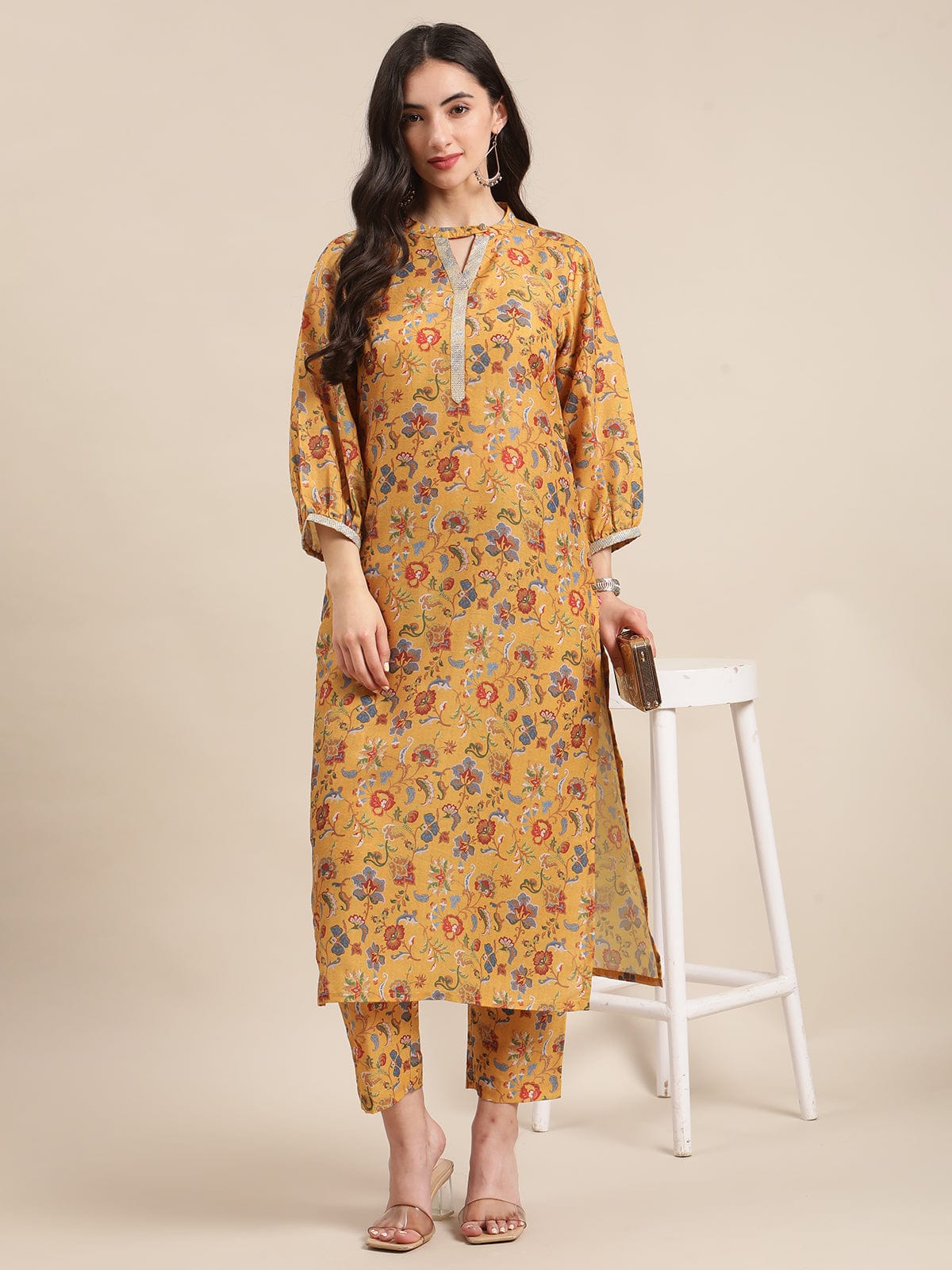 Women's Mustard Floral Printed Zari Work Straight Kurta Trouser Set