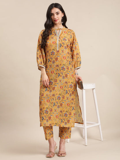 Women's Mustard Floral Printed Zari Work Straight Kurta Trouser Set