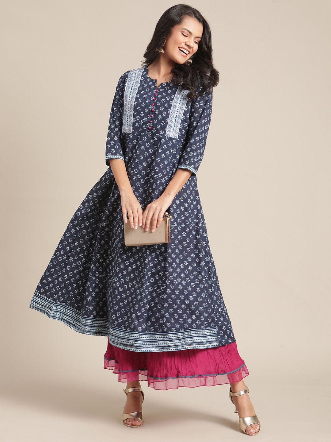 Women's Blue Floral Ankle Length Flared Kurta With Regular Sleeve And Round Neck