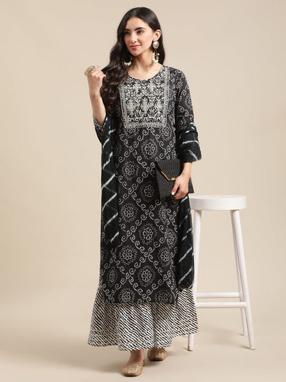 Women's Black And White Bandhej And Leheriya Printed Zari Embroidery Kurta Sharara Set With Leheriya Dupatta