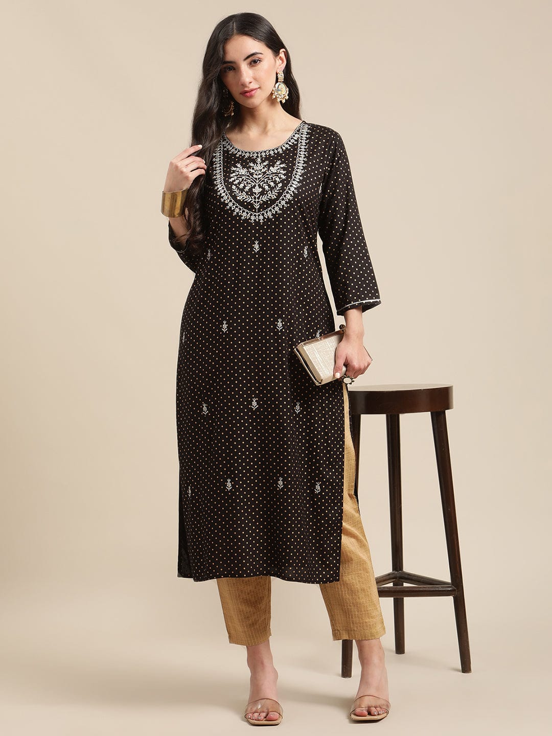 Women's Black And Gold Mirror Work Kurta With Golden Self Design Trouser