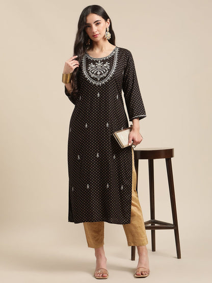 Women's Black And Gold Mirror Work Kurta With Golden Self Design Trouser
