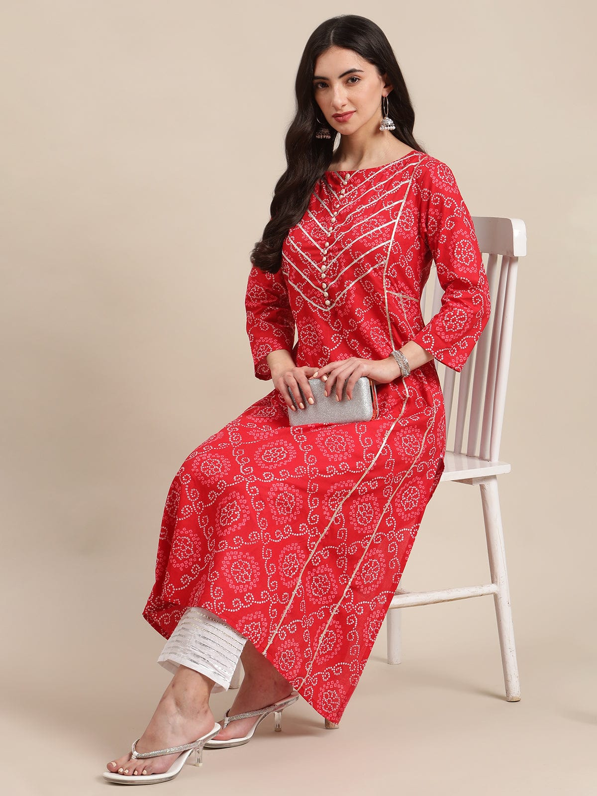 Women's Red Bandhej A Line Gota Embellished Kurta With Round Keyhole At Back