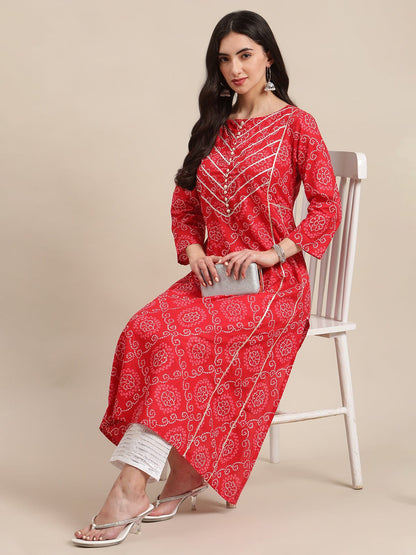 Women's Red Bandhej A Line Gota Embellished Kurta With Round Keyhole At Back