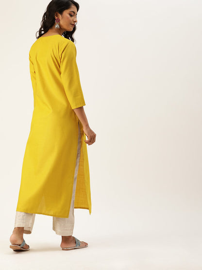 Women's Mustard Yellow Floral Yoke Embroidered Straight Kurta