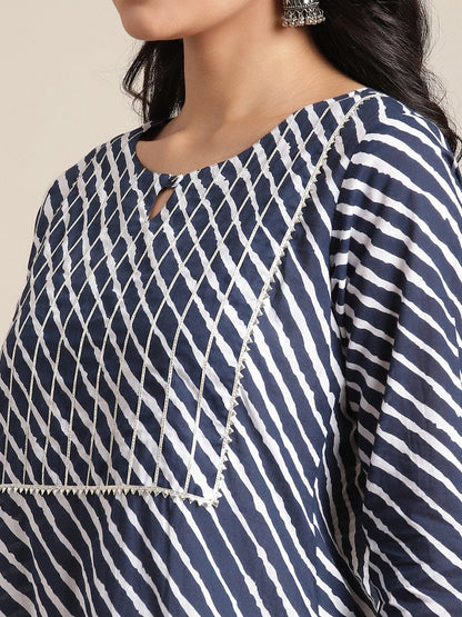 Women's Navy Blue Leheriya Printed Kurta With Gota Embellished  Yoke And Sleeves
