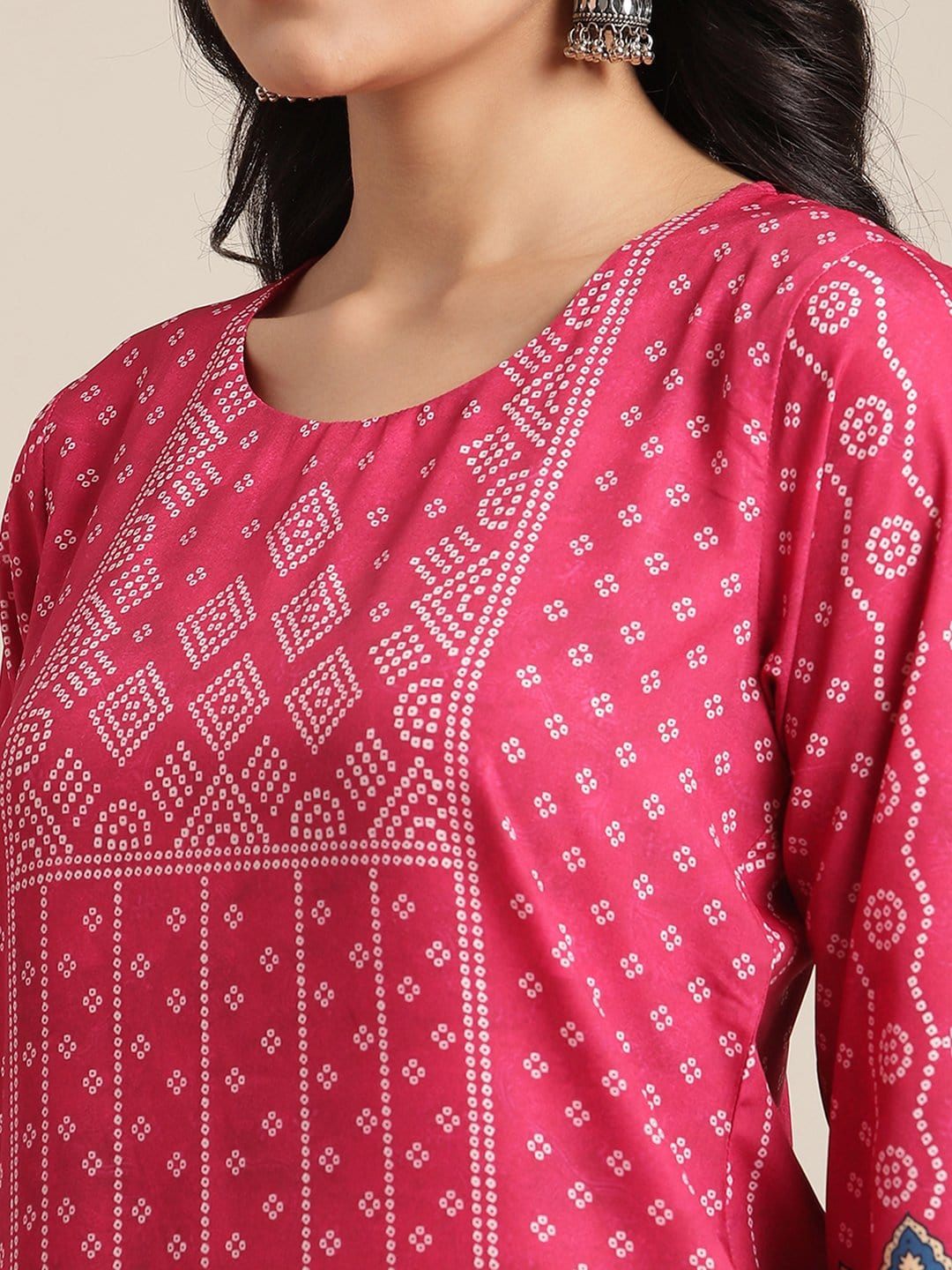 Women's KSUT Pink And Cream Bandhani Printed Straight Kurta With 3/4Th Sleeves