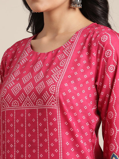 Women's KSUT Pink And Cream Bandhani Printed Straight Kurta With 3/4Th Sleeves
