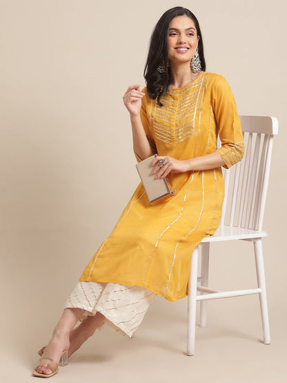 Women's Mustard Gota Embellished Kurta With Off White Gota Embellished Palazzo