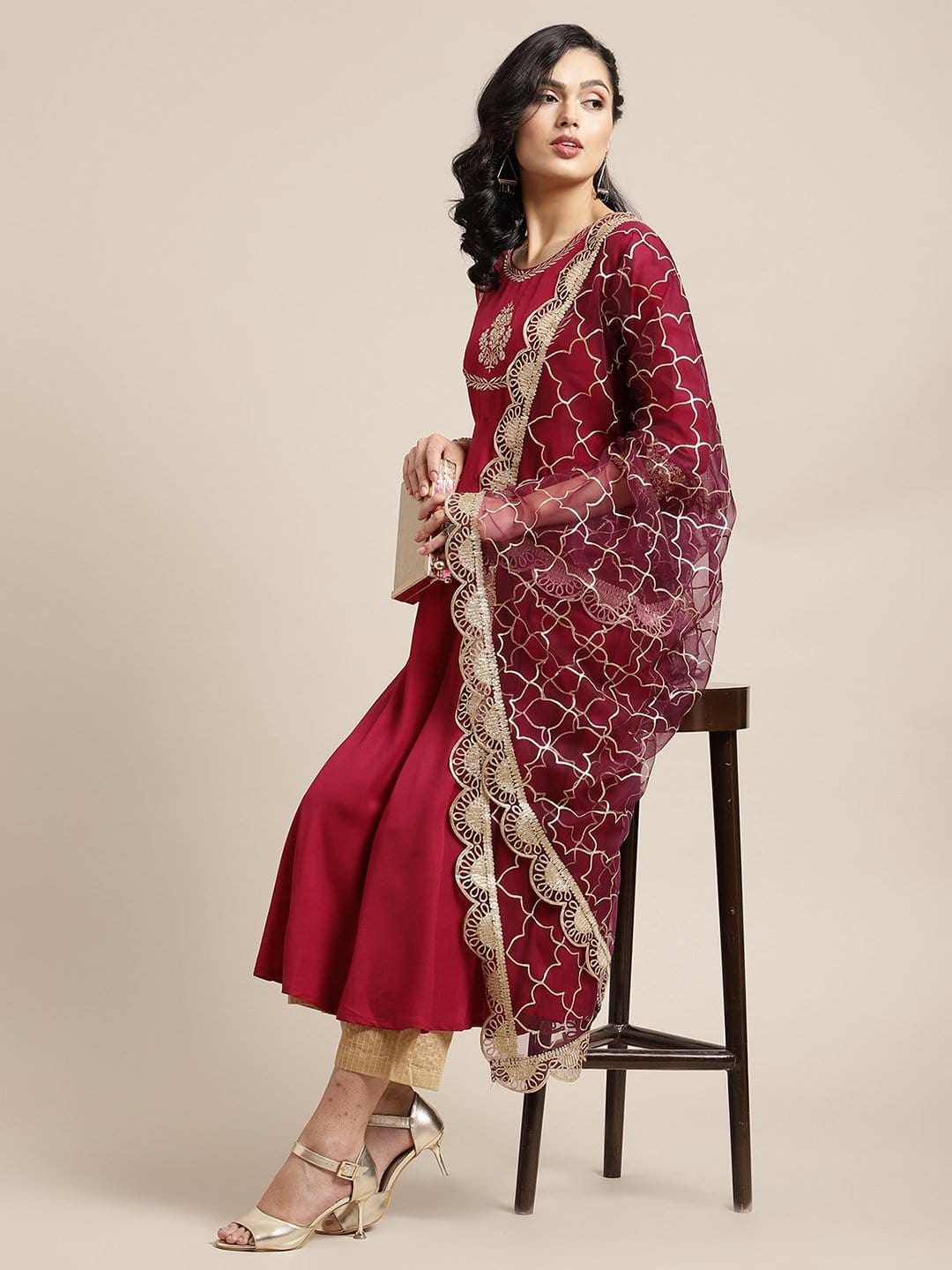 Women's Magenta And Gold Anarkali, Solid Kurta With Zari Work On Yoke And Paired With Gold Pant And Heavy Gota Embroidered Dupatta