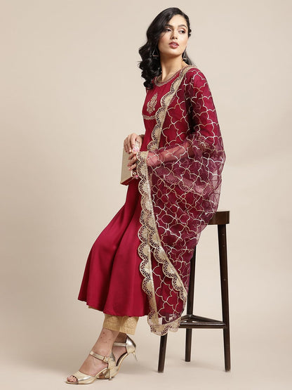 Women's Magenta And Gold Anarkali, Solid Kurta With Zari Work On Yoke And Paired With Gold Pant And Heavy Gota Embroidered Dupatta