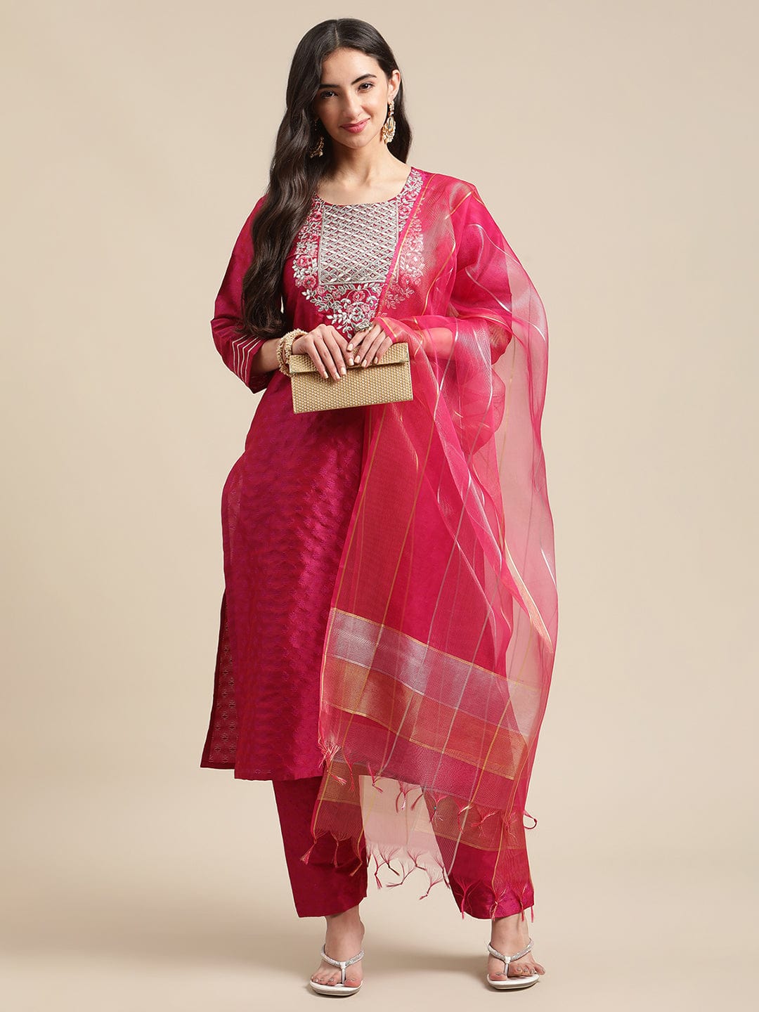 Women's Magenta Floral Gota Patti Embroidery Kurta Trouser Set With Organza Dupatta
