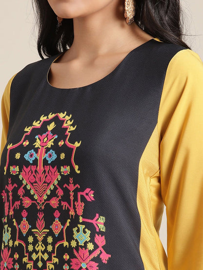 Women's KSUT Yellow And Black Abstract Printed Straight Kurta With 3/4Th Sleeves