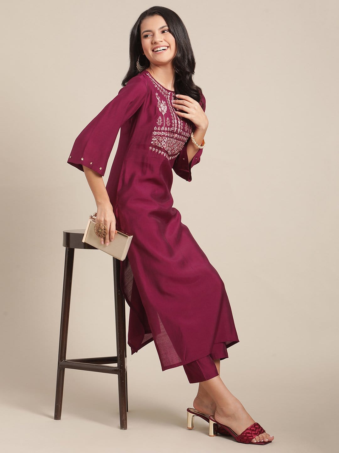 Women's Wine Zari And Resham Embroidere Kurta  Trouser Set