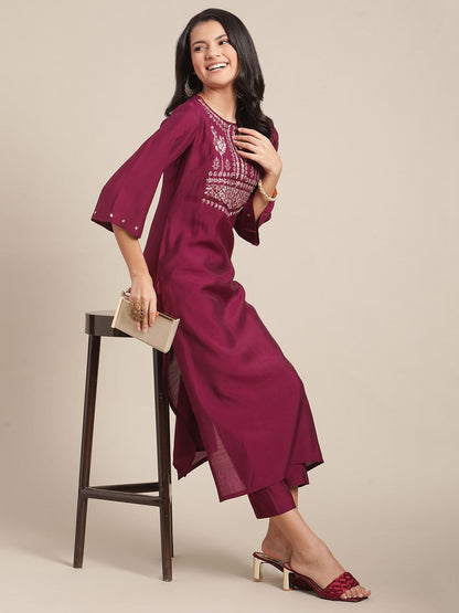Women's Wine Zari And Resham Embroidere Kurta  Trouser Set