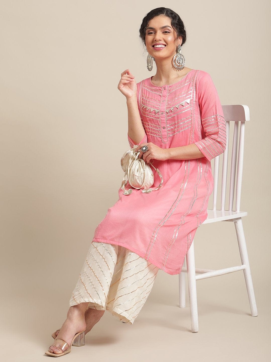 Women's Peach Gota Embellished A Line Kurta With Gota Embellished Palazzo