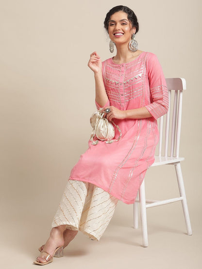Women's Peach Gota Embellished A Line Kurta With Gota Embellished Palazzo