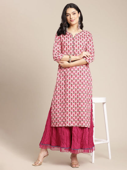 Women's Pink Floral Printed Kurta With Hanwork Detailing On Yoke