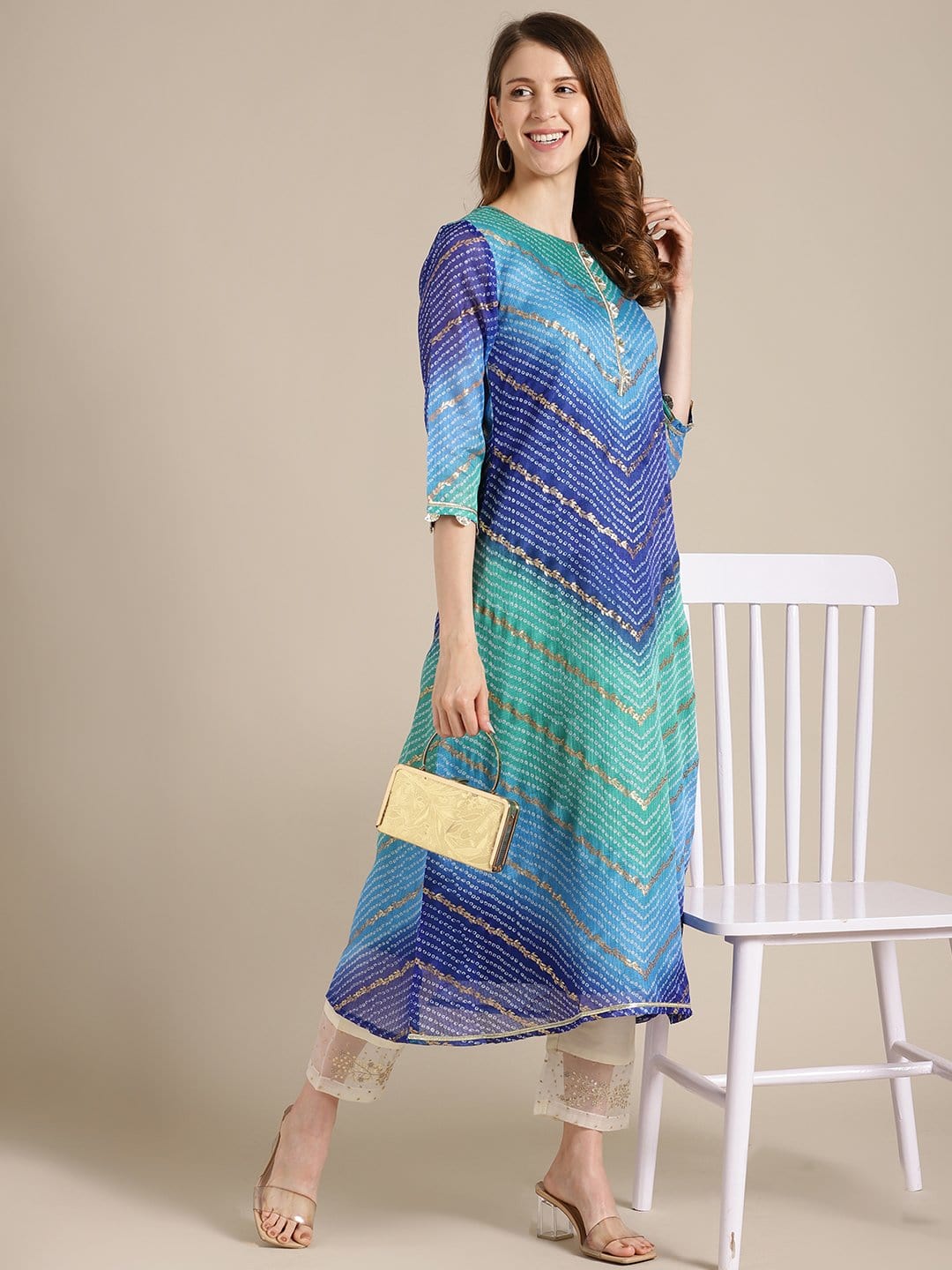 Women's Blue And Sea Green Bandhej Foil Printed Kurta With Gota Fan Embellishment On Yoke