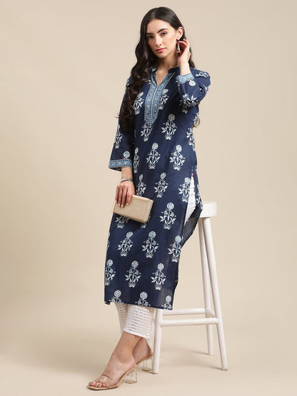 Women's Indigo Floral Printed Kurta With Patch Embroidery On Yoke And Sleeves
