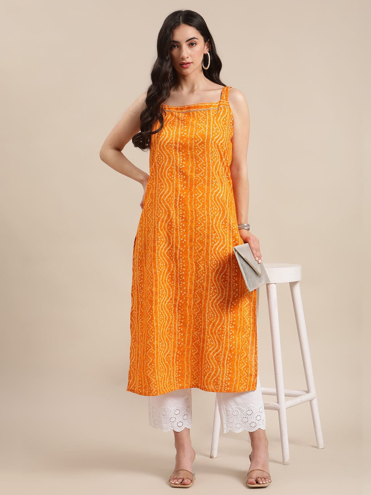 Women's Mustard And Off White Bandhej Printed Gota Embellishment Strap Kurta