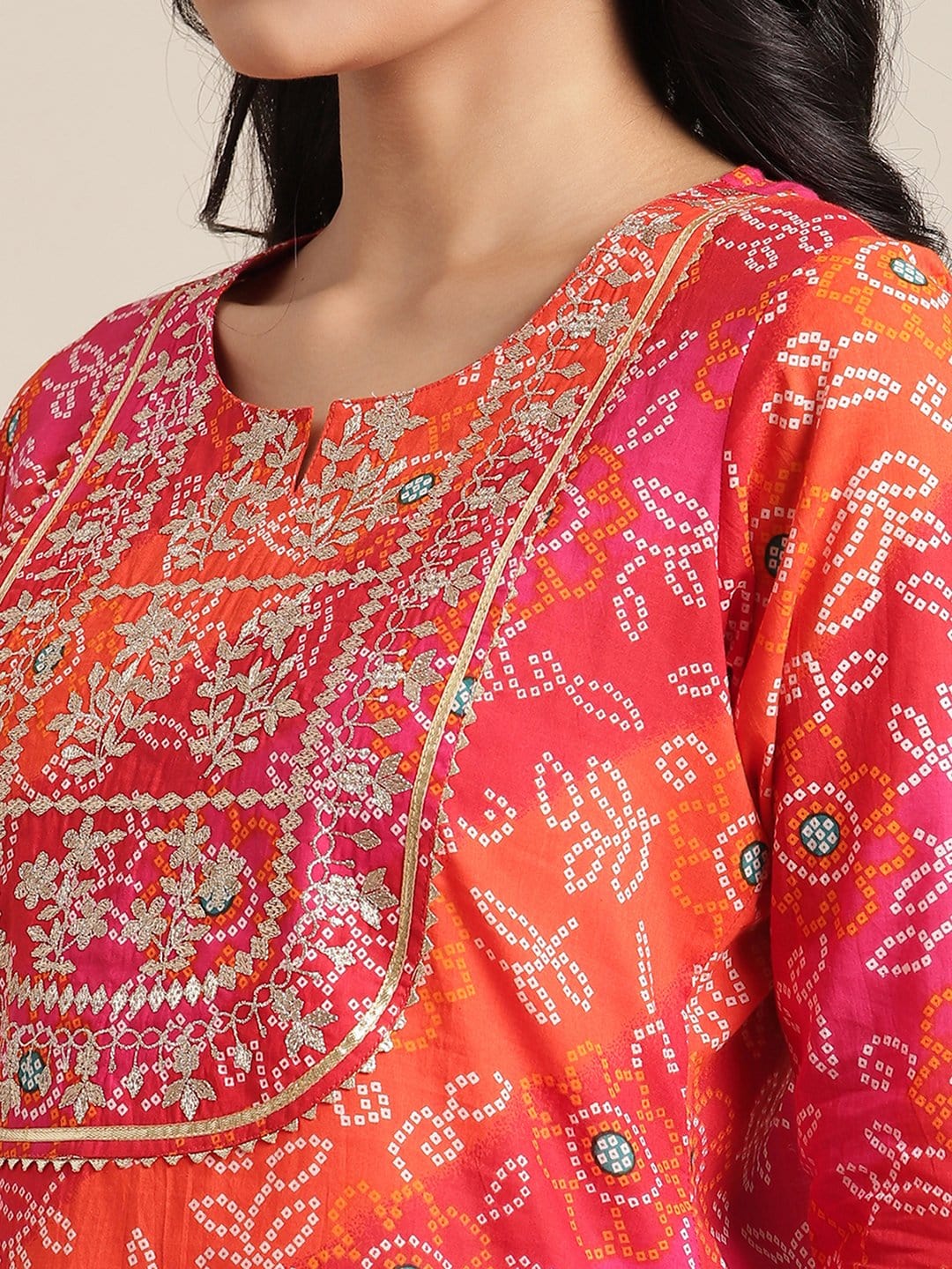Women's KSUT Pink And Orange  Bandhani Zari Embroidery Kurta With Gota Embellished Sleeves