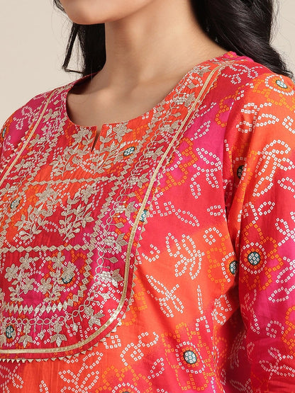 Women's KSUT Pink And Orange  Bandhani Zari Embroidery Kurta With Gota Embellished Sleeves