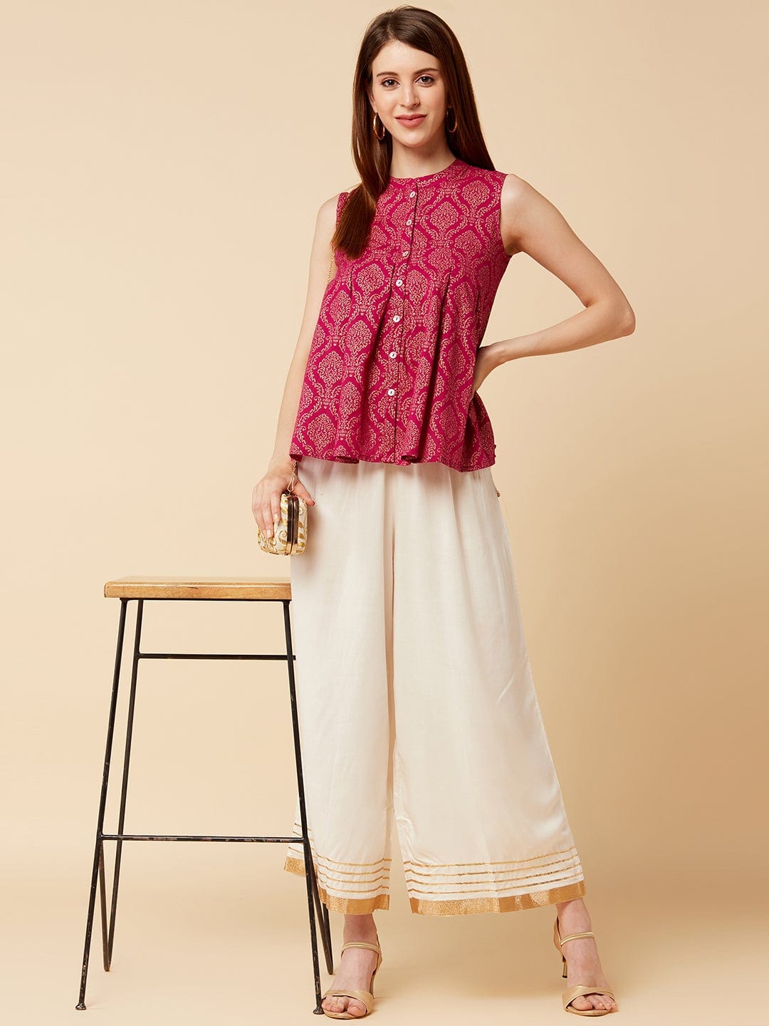 Women's Off-White Flared Solid Palazzos