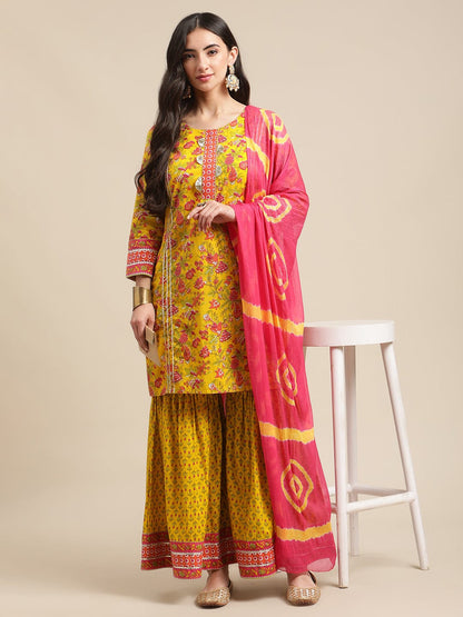 Women's Mustard Floral Gota Embellished Printed Kurta Sharara Set With Pink Tie N Dye Dupatta