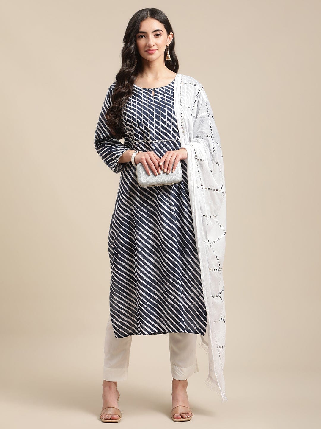 Women's Navy Blue And White Leheriya Gota Work Kurta With Trouser And Sequins Emebllished Dupatta