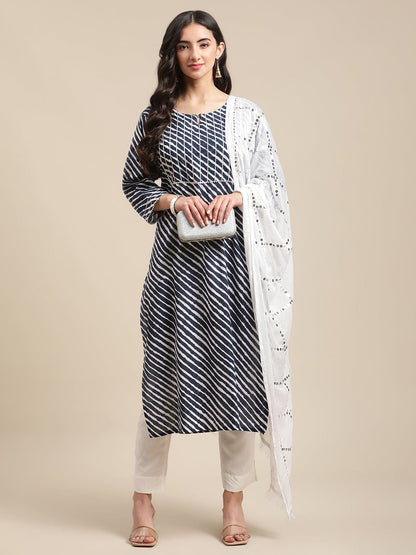Women's Navy Blue And White Leheriya Gota Work Kurta With Trouser And Sequins Emebllished Dupatta