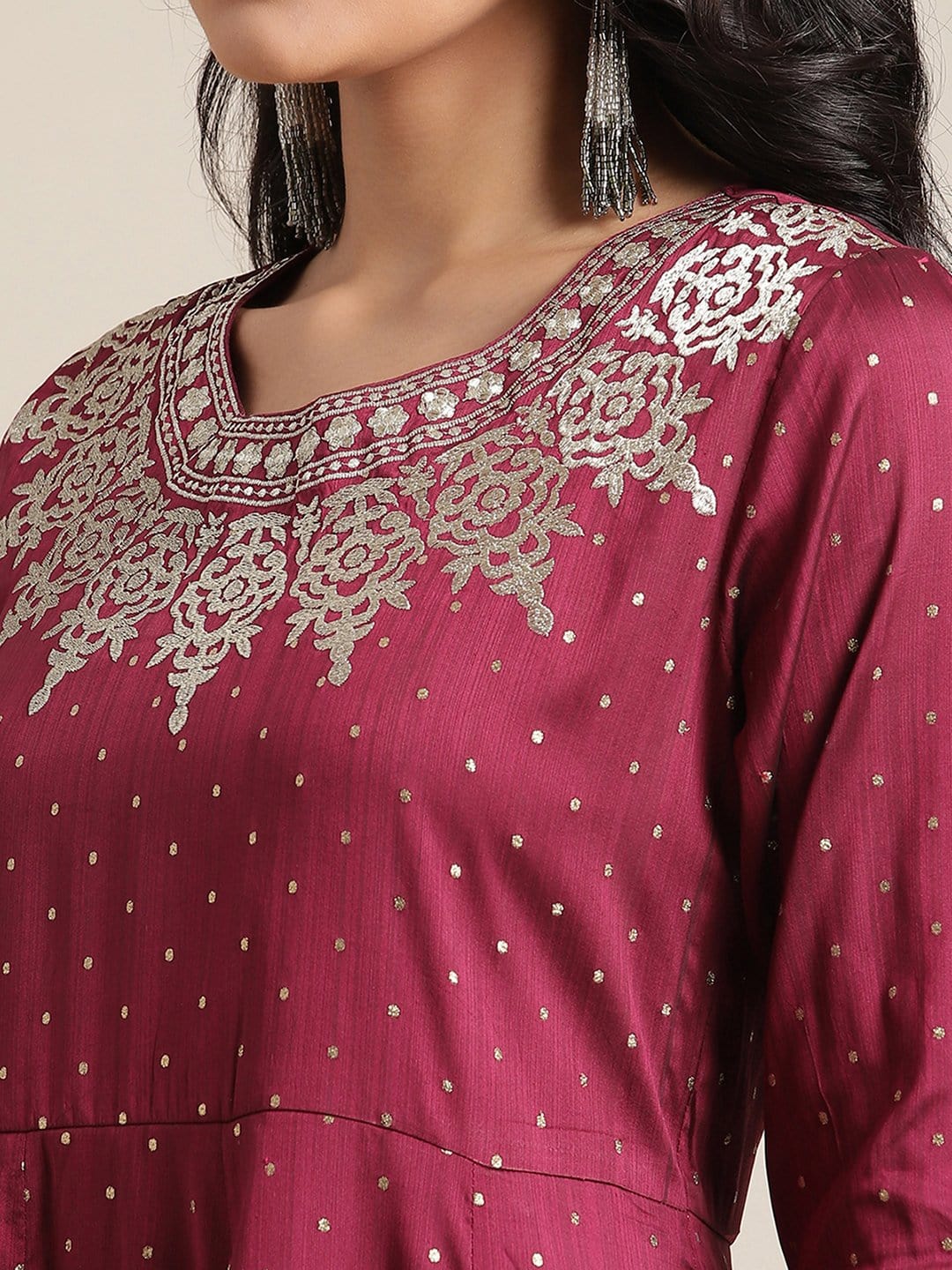 Women's Burgundy Anarkali Kurta With Zari Embroidery On Yoke And Embellished Sleeves