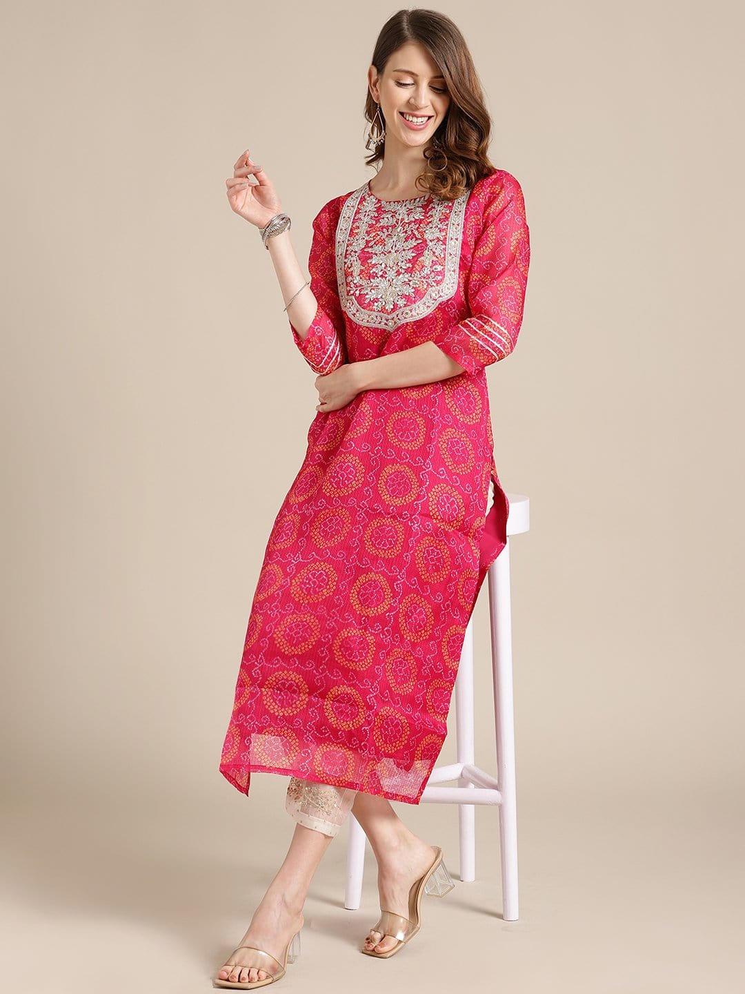 Women's KSUT Pink Bandhej Kurta With Zari Embellished Yoke Embroidery And 3/4Th Sleeves